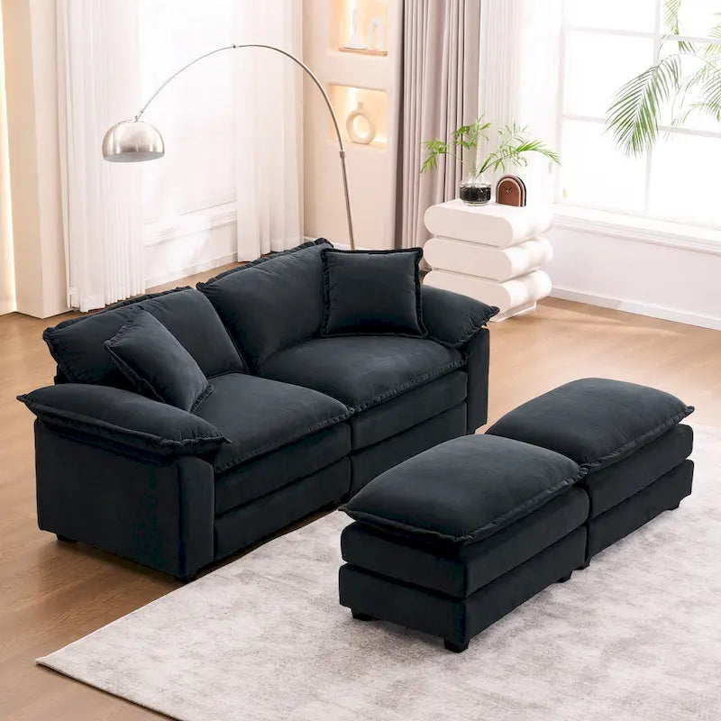 Zweisitzer-Sofa mit 2 Sitzkissen, 2 Kissen und 2 Hockern, bequemes Sofa – tiefes Wohnzimmer-Sofa, modulares Sofa