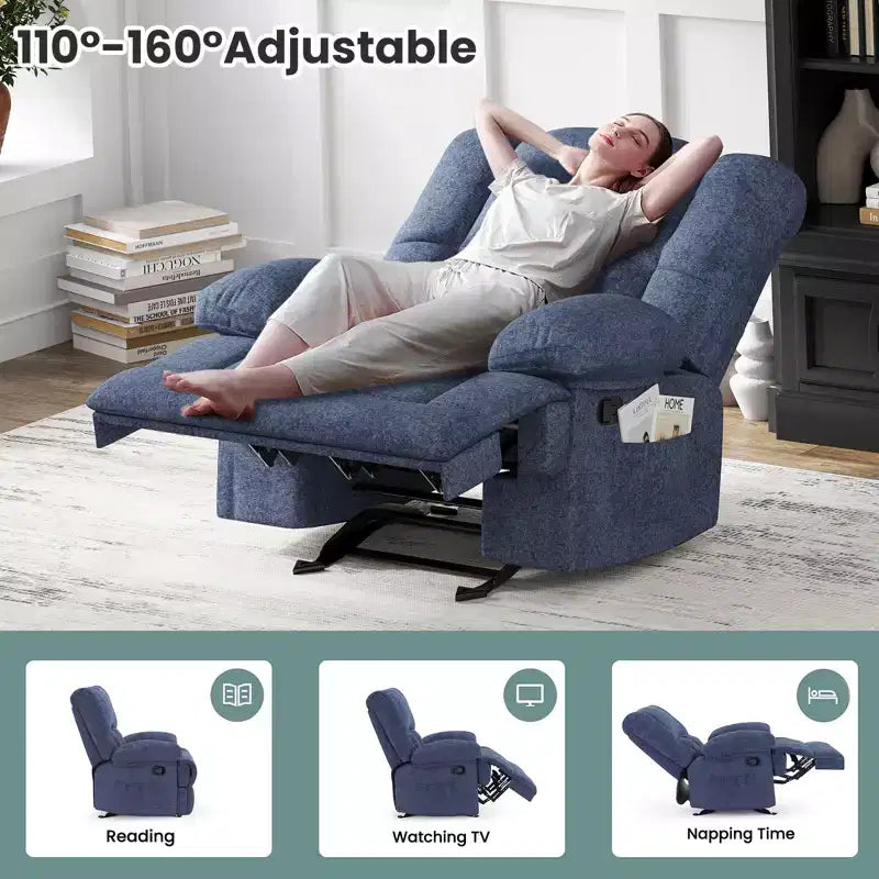 Blauer übergroßer Relaxsessel mit Wippfunktion und Chenille-Bezug