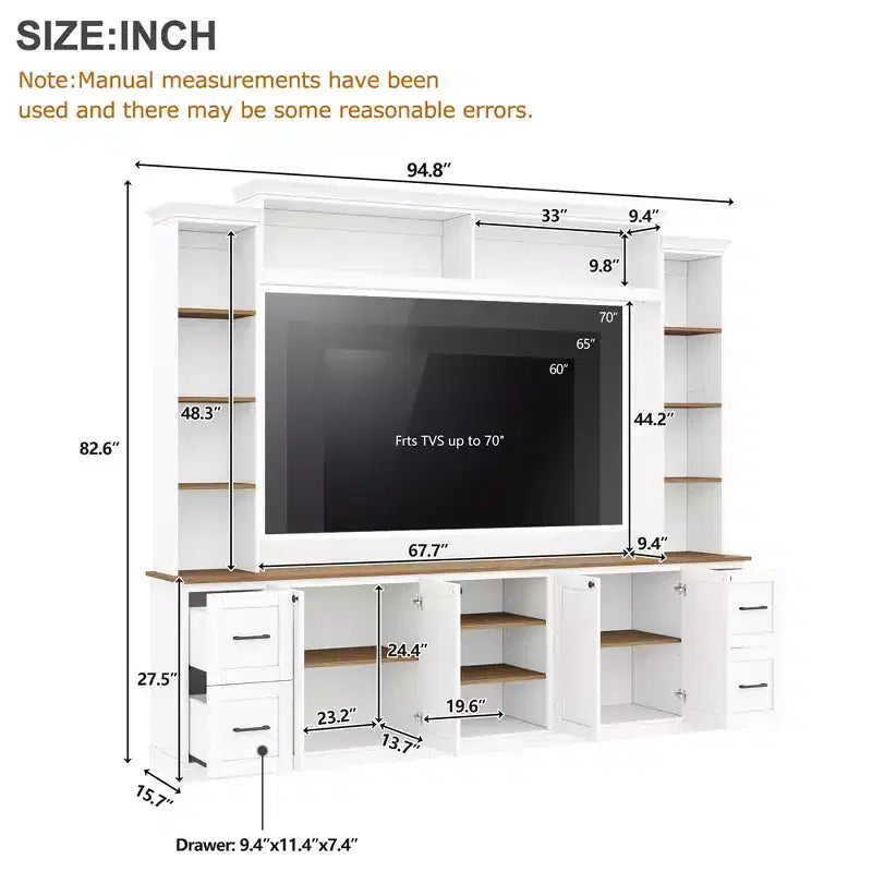Ensemble mural de centre multimédia de style ferme 4-en-1 ModernLuxe, compatible avec les téléviseurs jusqu'à 70 pouces, meuble TV avec étagères réglables et tiroirs