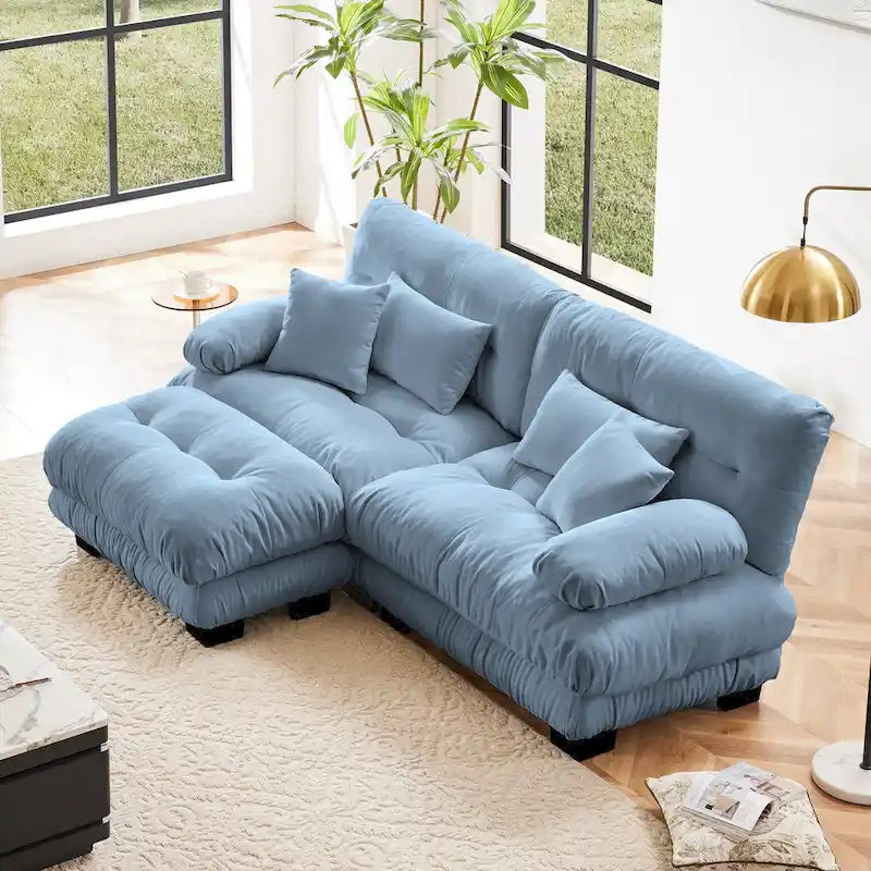 Sofá de dois lugares em forma de L, sofá modular em chenille com almofadas lombares