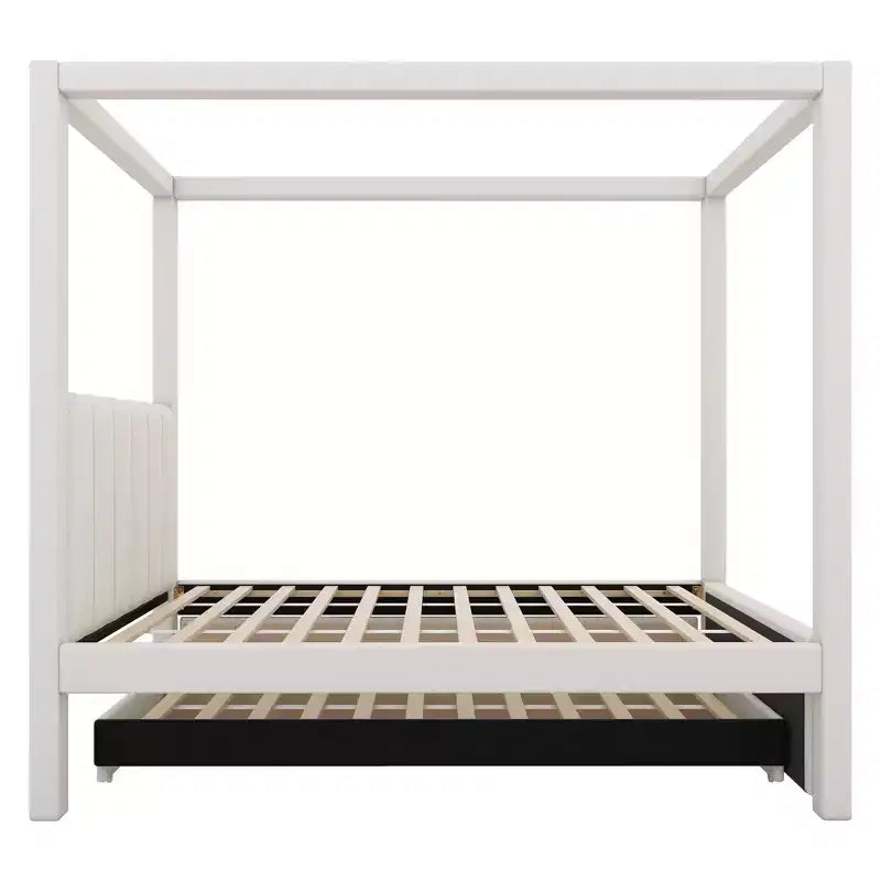 Cama de plataforma com dossel estofada em linho, tamanho de casal, com cama auxiliar e três gavetas de arrumação