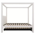 Cama de plataforma com dossel estofada em linho, tamanho de casal, com cama auxiliar e três gavetas de arrumação
