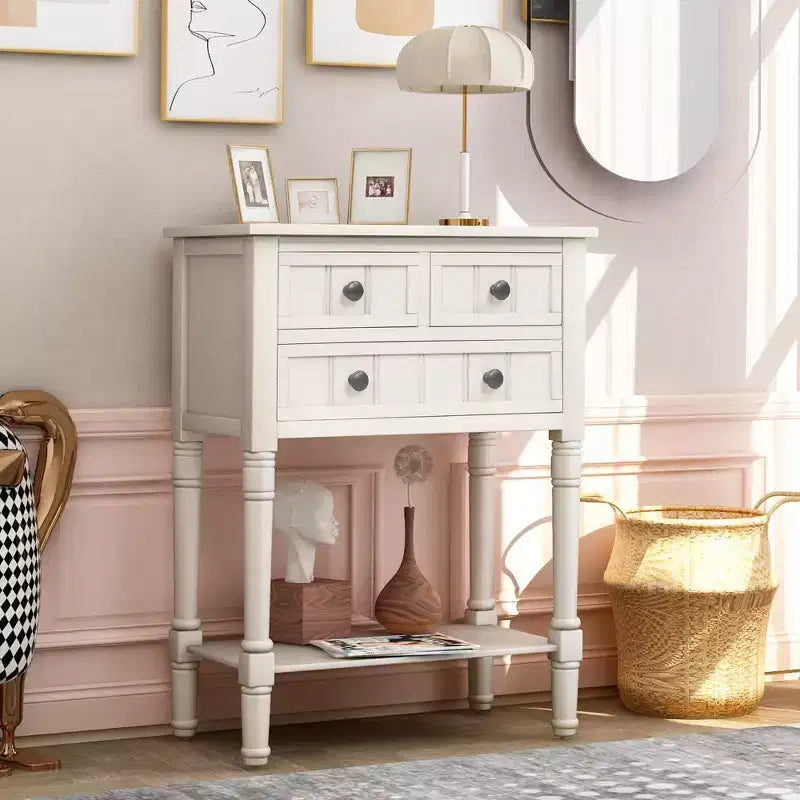 Console étroite de 60,2 cm avec 3 tiroirs et étagère, table de canapé pour petit espace, entrée ou salon