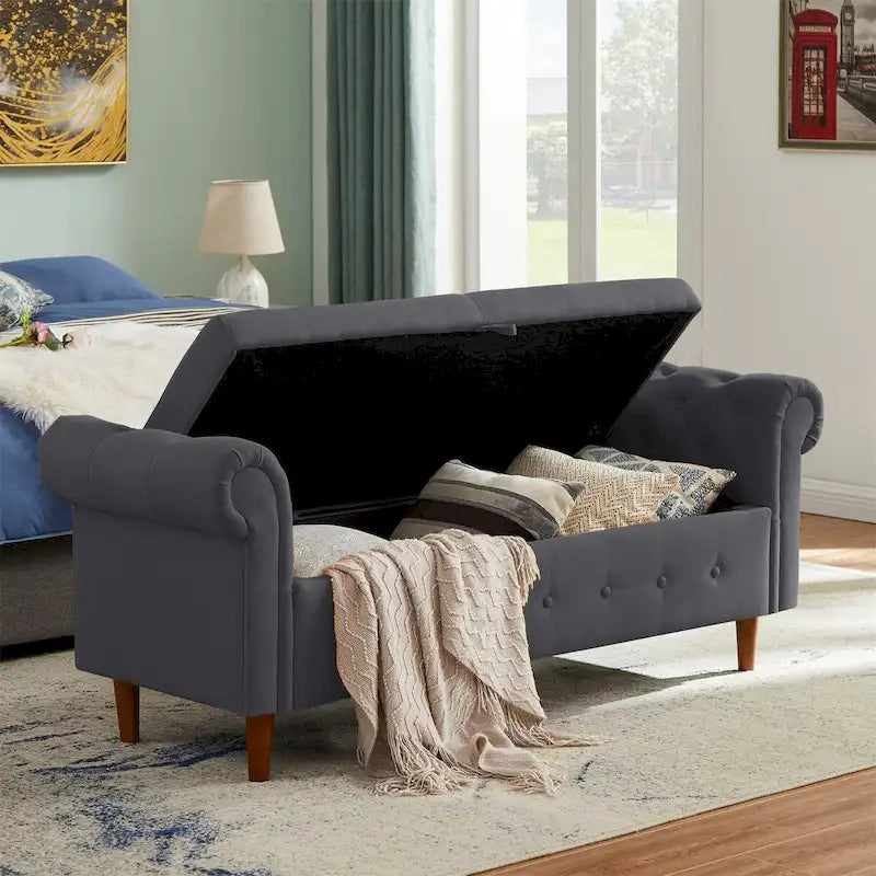 Stauraumbank fürs Schlafzimmer, Bettbank mit gerollten Armlehnen, Samt-Ottomane und lange Couch
