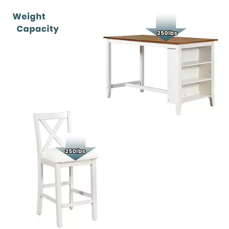 Conjunto Homy Casa de mesa de jantar e cadeiras de 5 peças, de altura de balcão, com prateleiras de arrumação, branco e nogueira, estilo quinta moderna