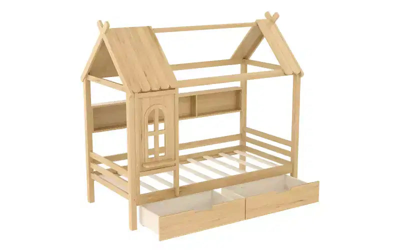 Huisbed met opbergladen en raam, frame van massief hout met planken, speels kinderdesign, lichtwit