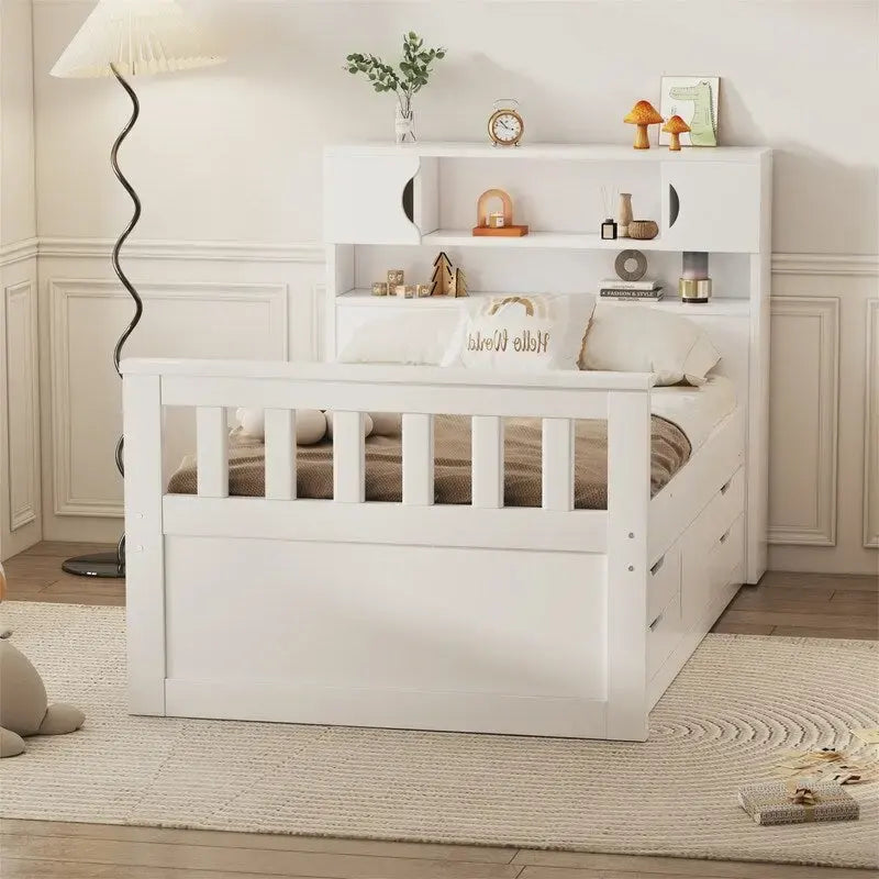 Captain-Platform-Bett in Twin-/Full-Größe mit 4 Schubladen und Ablagefächern, Massivholz-Bettrahmen mit Stauraum-Bücherregal-Kopfteil