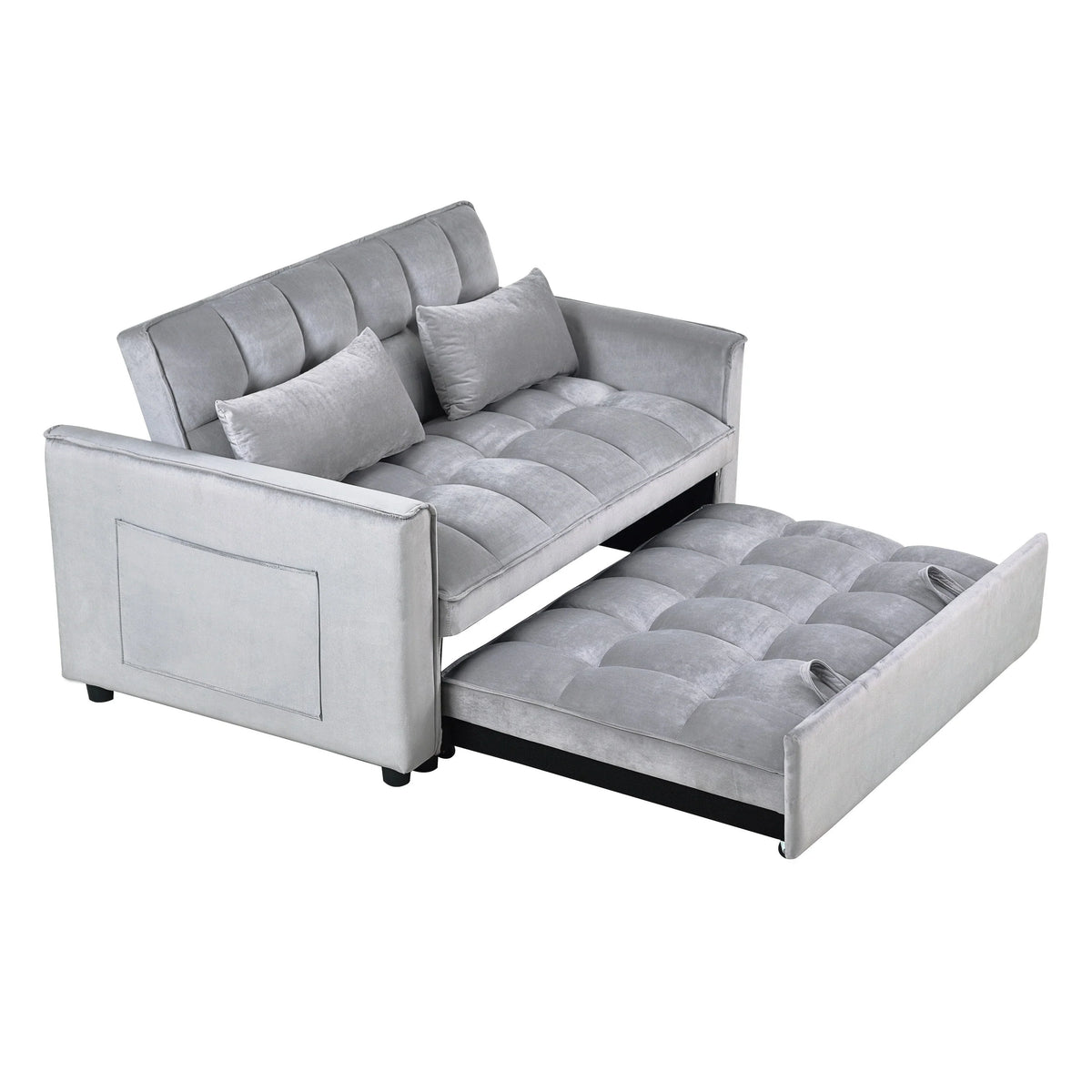 Nowoczesna rozkładana sofa z funkcją spania 3 w 1, regulowanym oparciem, aksamitnym dwuosobowym siedziskiem, poduszkami i kieszeniami bocznymi