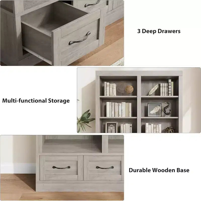 Bibliothèques et étagères de 64 po de hauteur, avec 3 tiroirs de rangement et 4 niveaux, double largeur, étagère ouverte pour bureau et salon