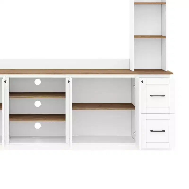 Ensemble mural de centre multimédia de style ferme 4-en-1 ModernLuxe, compatible avec les téléviseurs jusqu'à 70 pouces, meuble TV avec étagères réglables et tiroirs