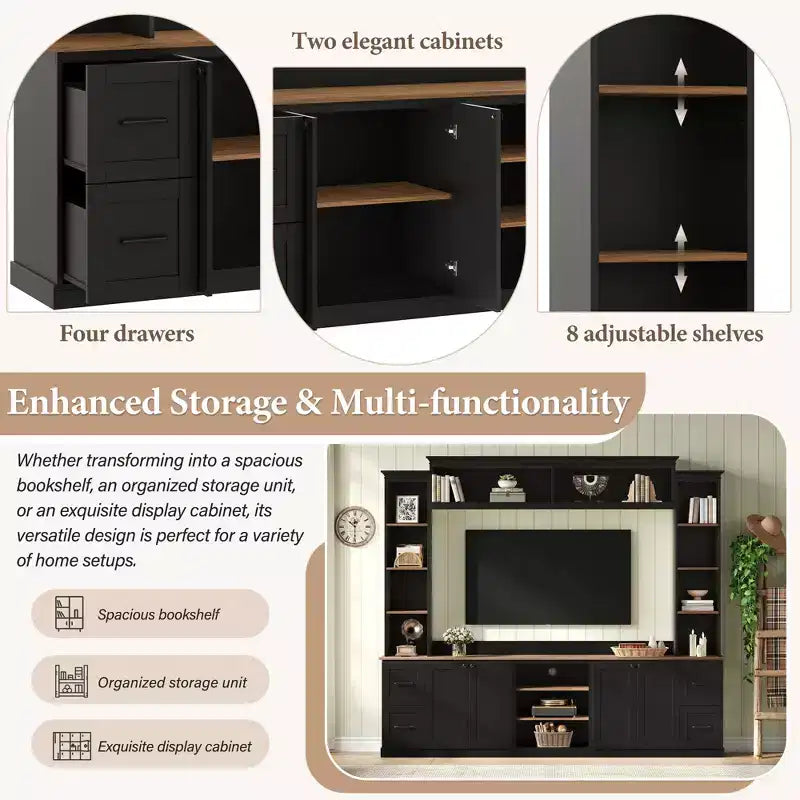 Ensemble mural de centre multimédia de style ferme 4-en-1 ModernLuxe, compatible avec les téléviseurs jusqu'à 70 pouces, meuble TV avec étagères réglables et tiroirs