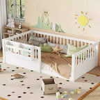 Bellemave Kinder-Bodenbett mit erhöhtem Rausfallschutz und Bücherregal, hölzernes Montessori-Einzelbettgestell für Mädchen und Jungen