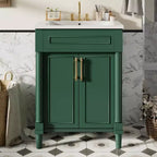 Meuble-lavabo de salle de bains de 24 pouces avec lavabo en céramique, meuble de style Shaker, 2 portes à fermeture amortie et structure en bois massif pour petite salle de bains ou cabinet de toilette