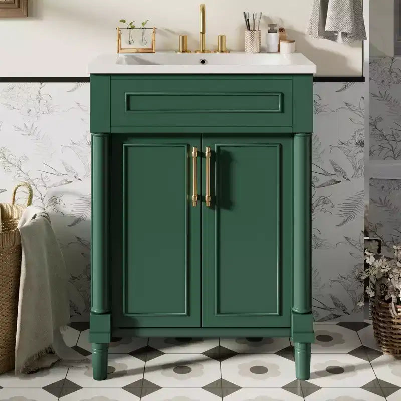 Meuble-lavabo de salle de bains de 24 pouces avec lavabo en céramique, meuble de style Shaker, 2 portes à fermeture amortie et structure en bois massif pour petite salle de bains ou cabinet de toilette