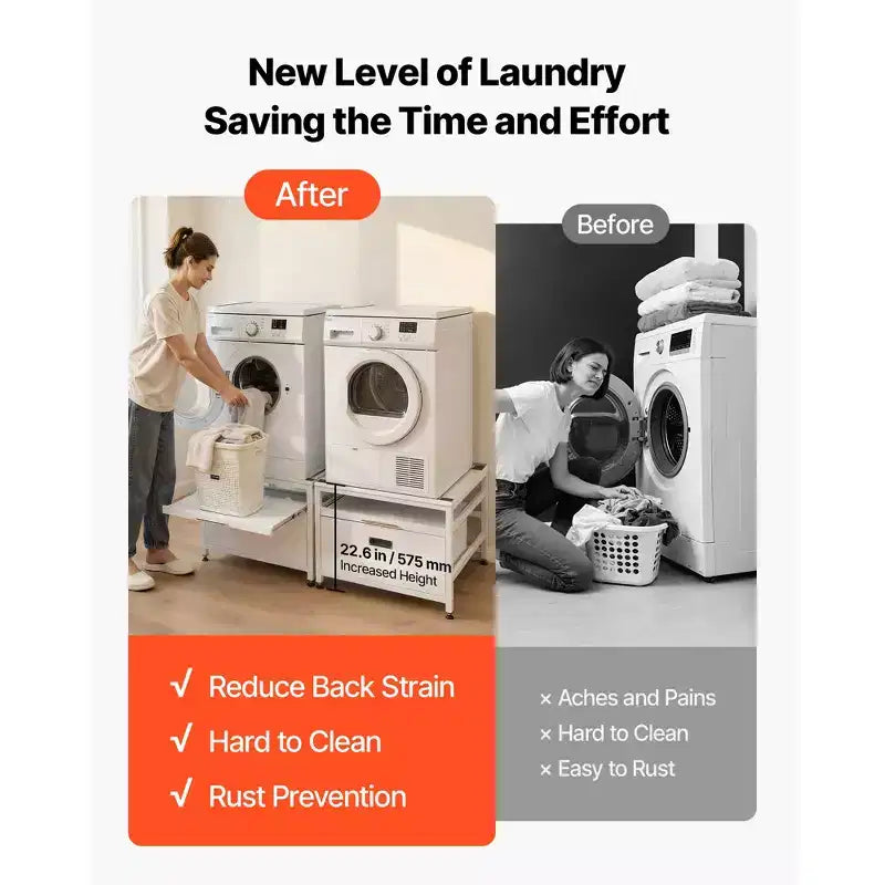Socle pour lave-linge et sèche-linge VEVOR, hauteur de 22,6 po, 29 x 29 po, avec plateau coulissant et espace de rangement, capacité de charge de 800 lb, antidérapant, blanc