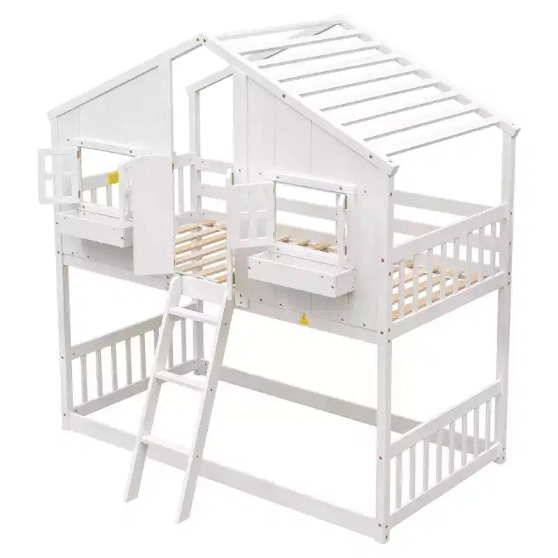 Cama alta de tamanho Twin em forma de casa, cama alta de madeira tipo casinha com escada e barreiras de proteção para crianças
