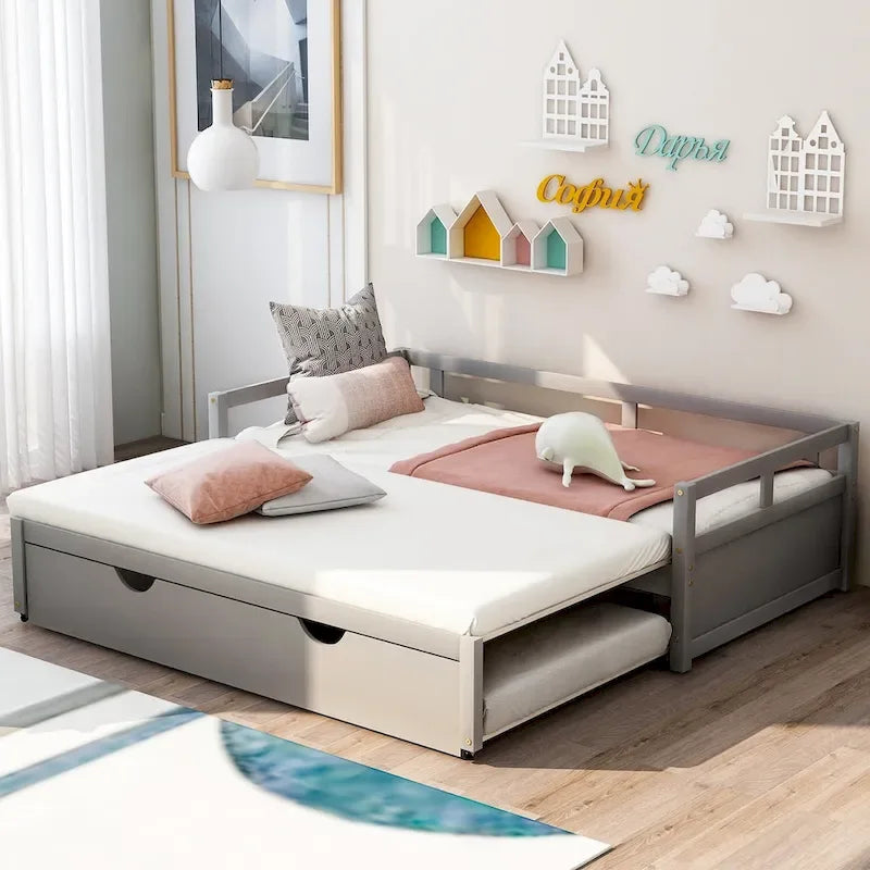 Letto da giorno allungabile con letto estraibile, letto da giorno in legno con letto estraibile