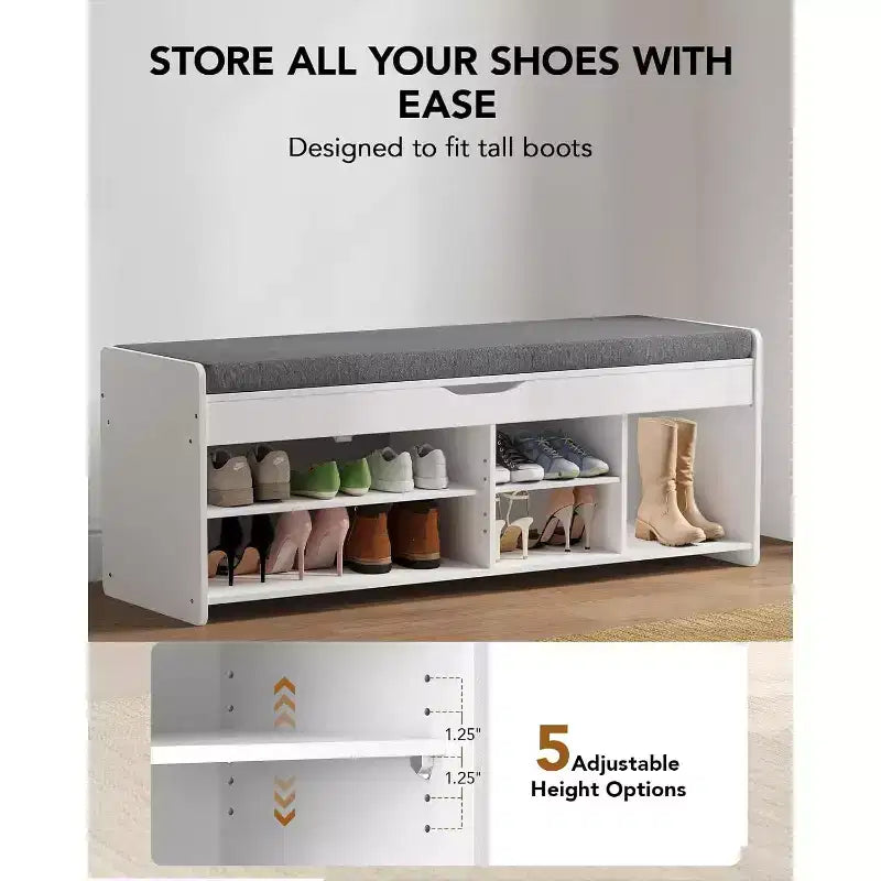 Banc à chaussures de 47,2 pouces de long pour l’entrée, avec assise rembourrée, rangement à couvercle relevable, 4 portes, capacité de 300 lb, banc avec range-chaussures pour l’entrée
