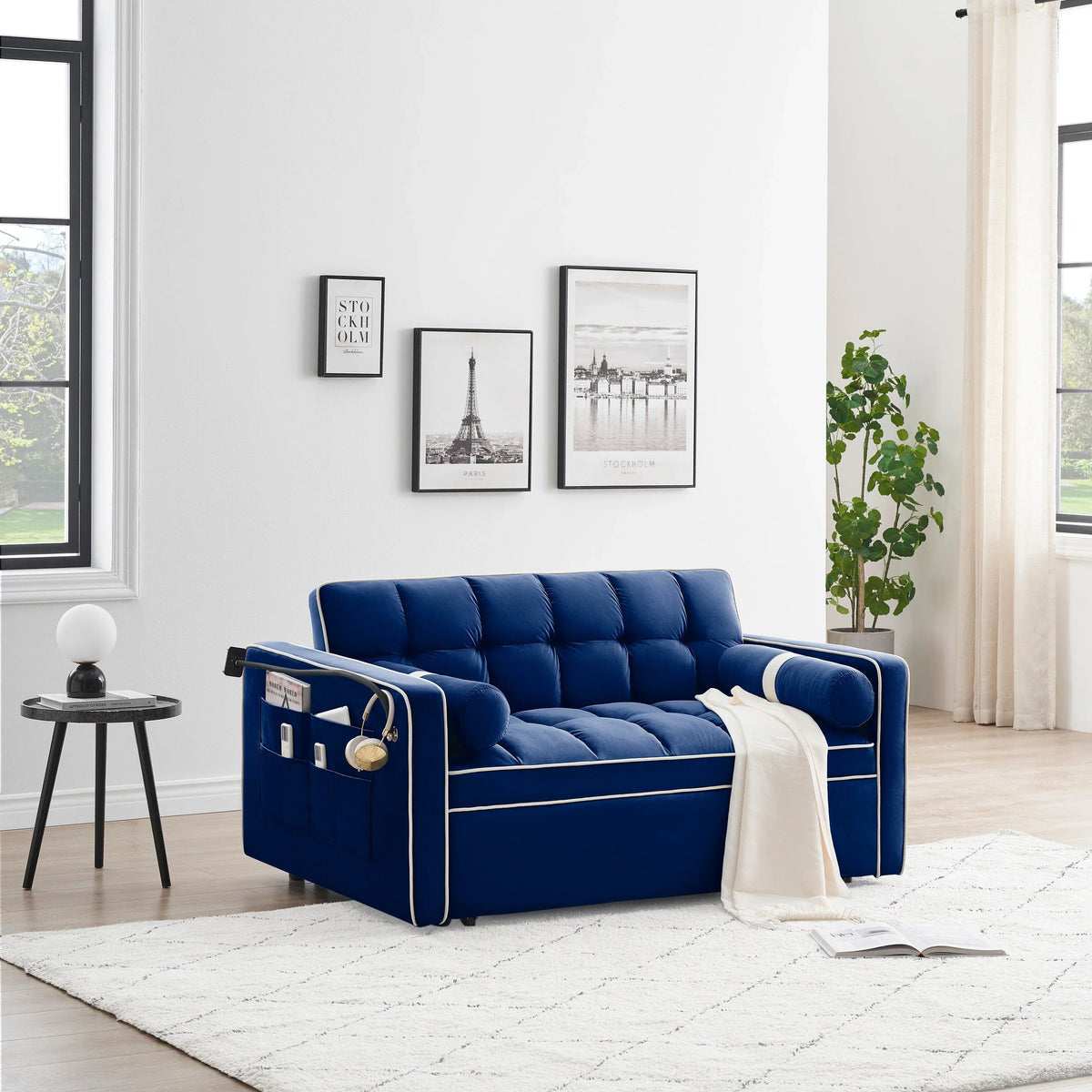 Sofá-Cama Convertível de Veludo para 2 Pessoas, com 55', Cama Extensível, Encosto Reclinável Ajustável, Bolsos Laterais e Suporte para Telemóvel