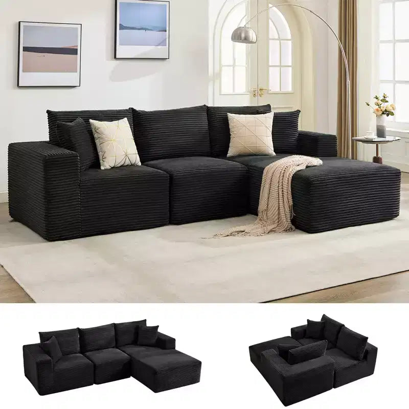 108 modernes Sofa, 3-Sitzer-Sofa in L-Form mit Polsterbezug und Kissen, Sofa mit tiefer Sitzfläche, keine Montage erforderlich