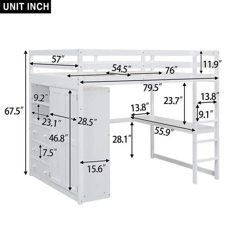 Hochbett aus Holz in voller Größe mit integriertem Kleiderschrank, Schreibtisch, Ablagefächern und Schubladen