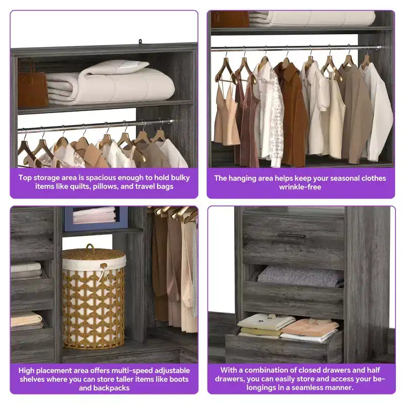 Ensemble Besiost de 3 éléments pour dressing d’angle avec étagères en colonne et tiroirs, organisateur de dressing autoportant avec tringles