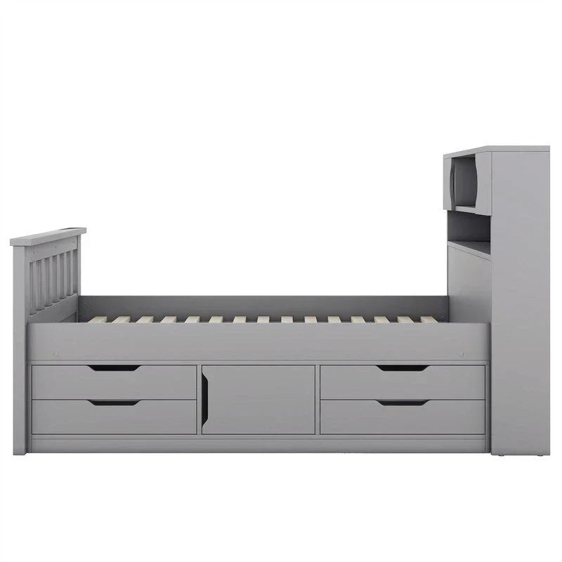 Letto a piattaforma Captain matrimoniale o singolo con 4 cassetti e ripiani contenitori, struttura in legno massello con testiera libreria contenitore