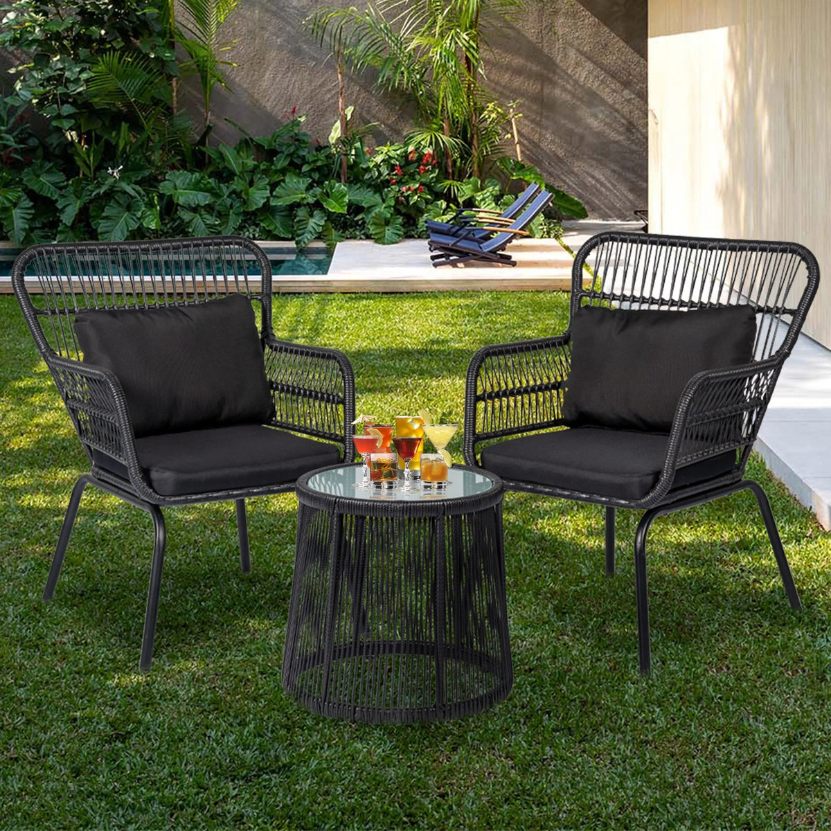 Ensemble bistro de conversation extérieur en osier de 3 pièces, mobilier de patio en rotin toutes saisons avec coussins