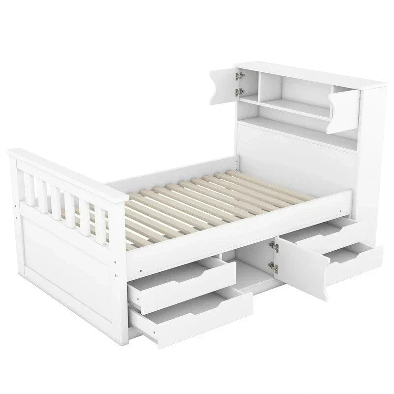 Captain-Platform-Bett in Twin-/Full-Größe mit 4 Schubladen und Ablagefächern, Massivholz-Bettrahmen mit Stauraum-Bücherregal-Kopfteil