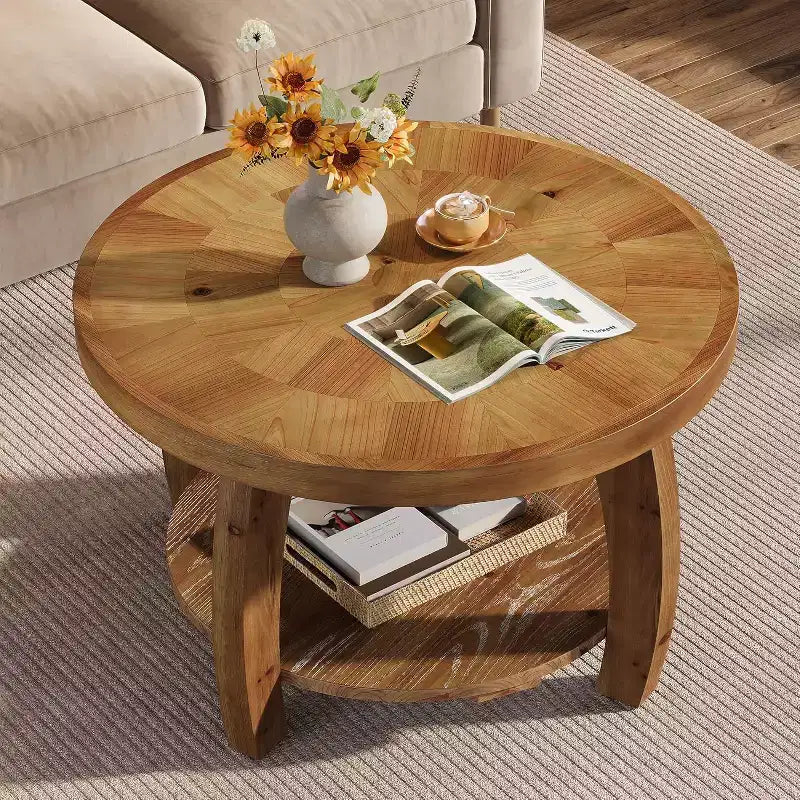 Lantine runder Couchtisch aus Massivholz, 2-stufiger Beistelltisch mit Stauraum, 31,5-Zoll-Tischplatte mit Mosaikmuster, einfache Montage, für das Wohnzimmer, Braun