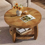Lantine runder Couchtisch aus Massivholz, 2-stufiger Beistelltisch mit Stauraum, 31,5-Zoll-Tischplatte mit Mosaikmuster, einfache Montage, für das Wohnzimmer, Braun