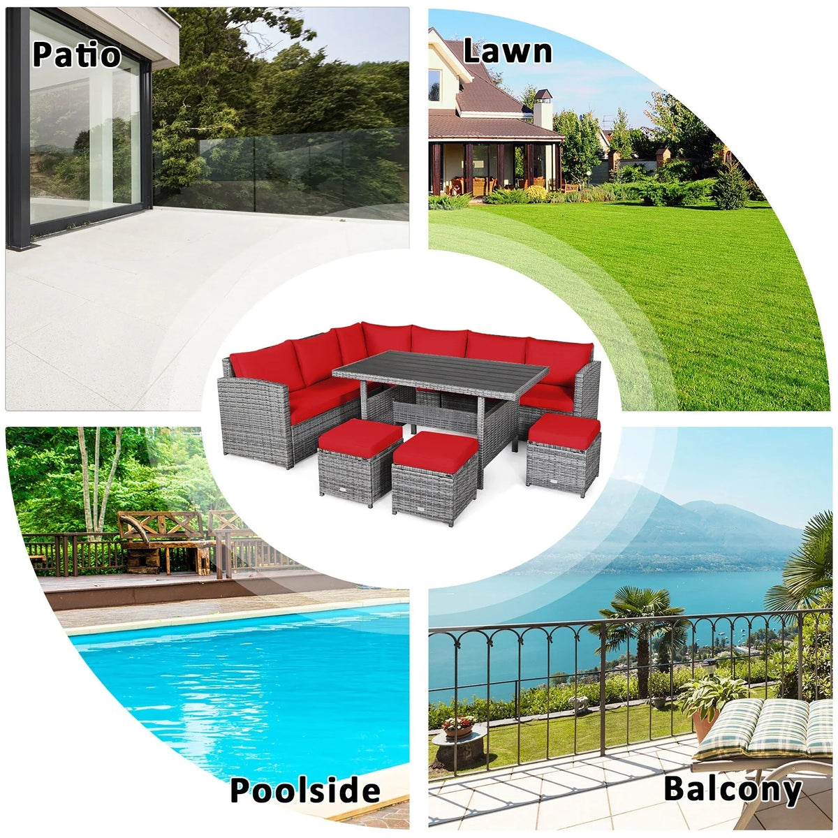 Costway 7-teiliges Dining-Set aus Polyrattan für die Terrasse mit Ecksofa, Couch und Hocker – Details anzeigen