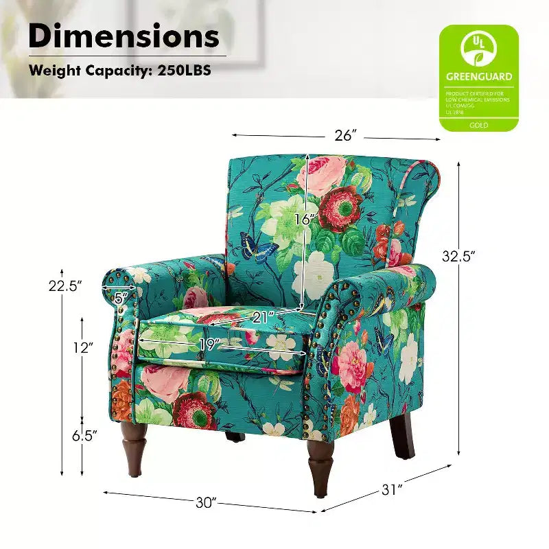 Araceli, tradiční dřevěné čalouněné květinové křeslo s vysokým opěradlem a zdobením hřebíčky | ART OF LIVING DESIGNS