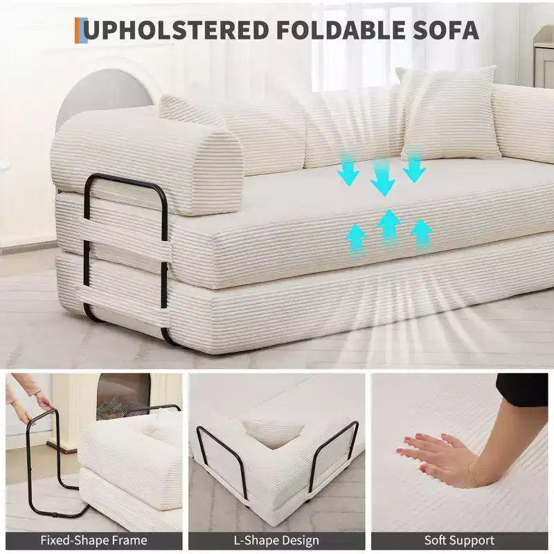 4-in-1-Schlafsofa, 79 Zoll rahmenlose Faltbodenmatratze aus Cord mit Kissen, ohne Montage, Loveseat für kleine Wohnungen
