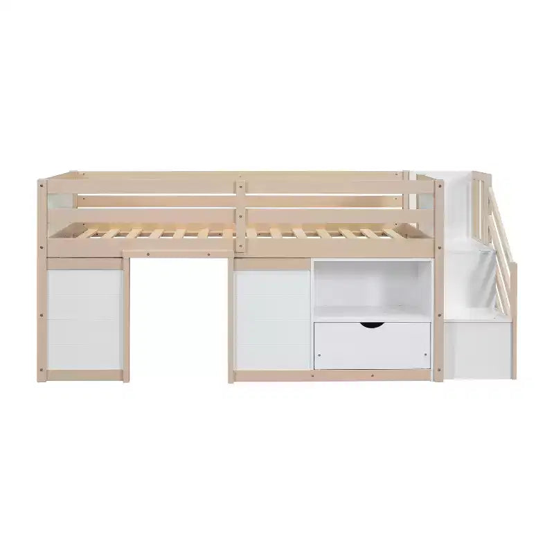 Letto rialzato basso singolo in legno massello da 94,6 L x 42,3 L, con scala, cassetto e ripiano, design moderno e pulito