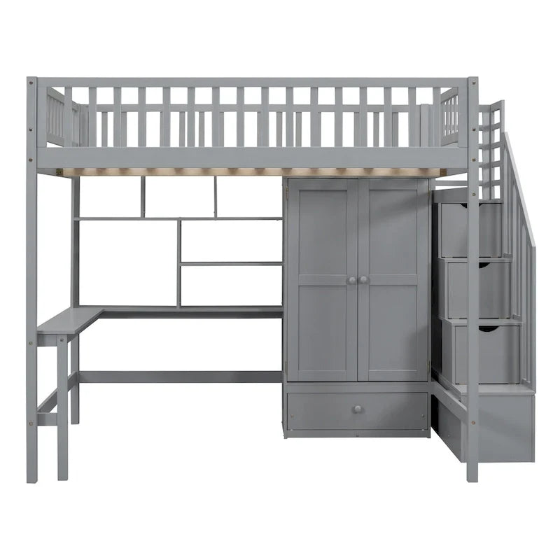 Lit mezzanine double en pin avec bureau et rangement