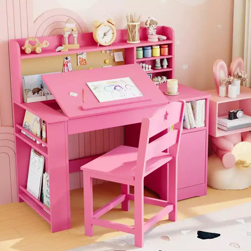 Ensemble bureau et chaise d’étude pour enfants avec rangement, bureau d’étude pour enfants avec dessus et plateau inclinable, de 3 à 8 ans, table d’écriture pour chambre