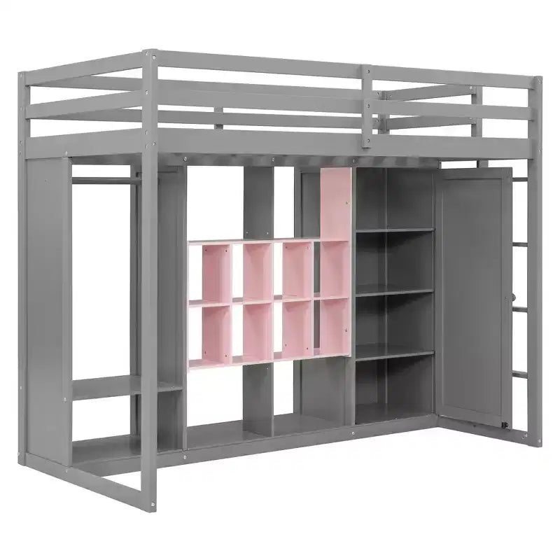 Lit mezzanine pour enfants avec armoire et étagères, cadre de lit mezzanine en bois avec meuble de rangement pour enfants et adolescents
