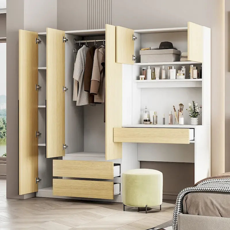 3-in-1-Kleiderschrank mit Schminktisch, Schreibtisch-Set, Schlafzimmerschrank mit 2 Schubladen, 3 Türen und Stauraum