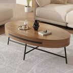 Acekool Oval Coffee Table with Drawer, 47.2 Wooden Storage Table with Cross Metal Legs  Mid-Century Modern Center Table in Natural & Golden Willow