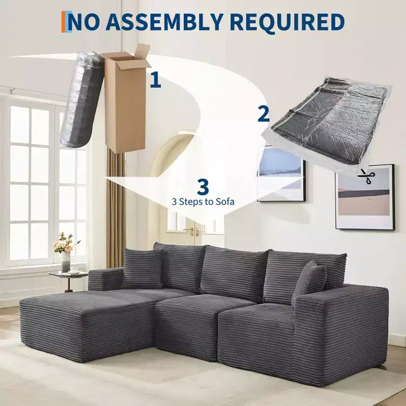 108 modernes Sofa, 3-Sitzer-Sofa in L-Form mit Polsterbezug und Kissen, Sofa mit tiefer Sitzfläche, keine Montage erforderlich