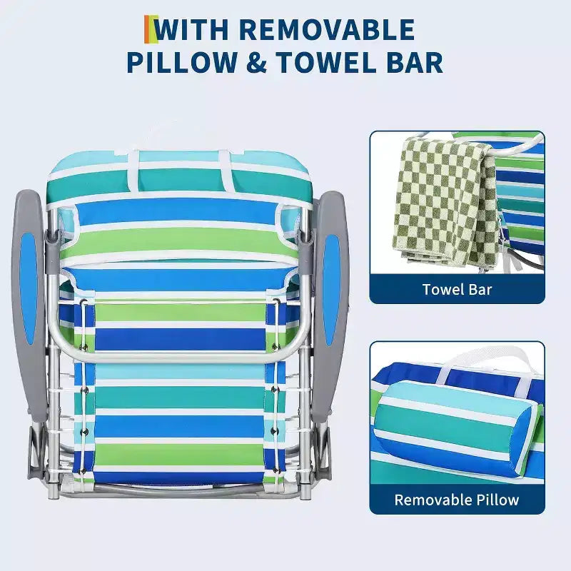 Lot de 2 chaises de plage légères type sac à dos Acekool, chaises pliantes à 5 positions pouvant être étendues à plat pour adultes, avec sangles, porte-gobelet et porte-serviette, supportant 300 lb