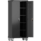 Armoire de rangement de garage à roulettes avec panneau perforé, armoire métallique verrouillable de 72 pouces de hauteur avec 2 portes et 4 étagères réglables pour atelier de garage