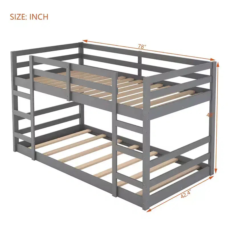 Letto a castello basso, letto a castello in legno a pavimento con scala, letto a castello con sponde di protezione complete