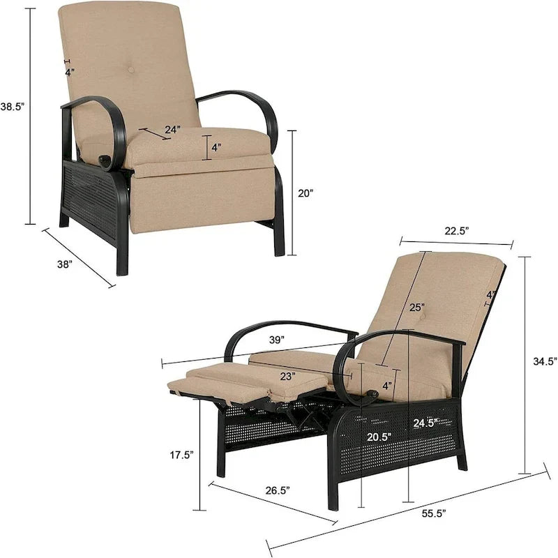 Cadeira reclinável ajustável de exterior, sofá de descanso com almofada - 38 (D) x 26.5 (W) x 38.5 (H) POLEGADAS