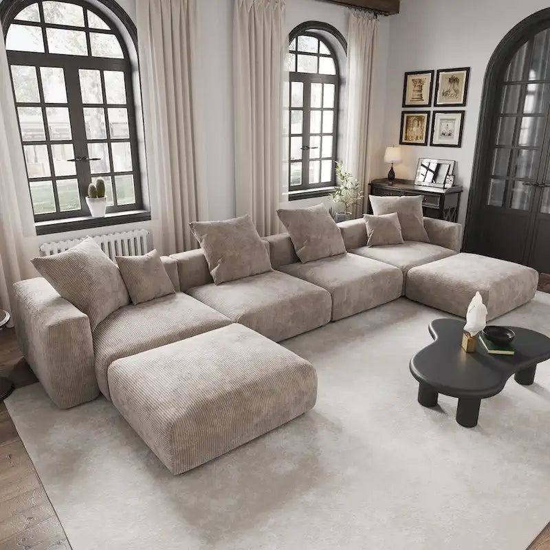 Grand canapé d’angle modulable en velours côtelé, en U, 4 places, avec 2 poufs et 5 coussins
