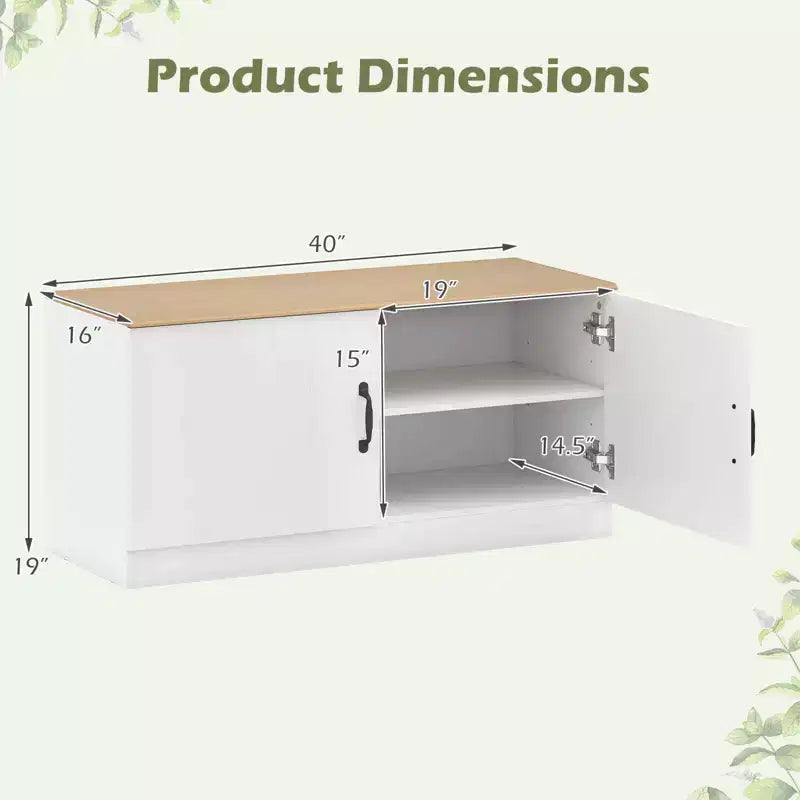 Banc à chaussures à 2 portes avec étagères réglables et espace de rangement dissimulé, naturel + blanc/Whi5te