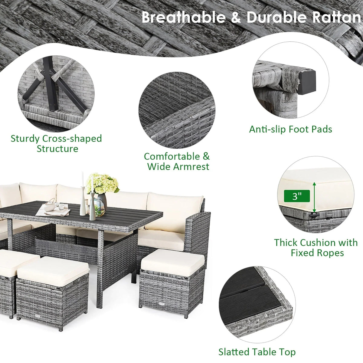 Costway 7-teiliges Dining-Set aus Polyrattan für die Terrasse mit Ecksofa, Couch und Hocker – Details anzeigen