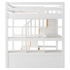 Lit mezzanine double en bois massif naturel et blanc avec bureau et tiroirs