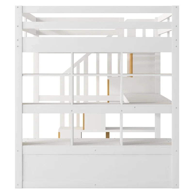 Lit mezzanine double en bois massif naturel et blanc avec bureau et tiroirs